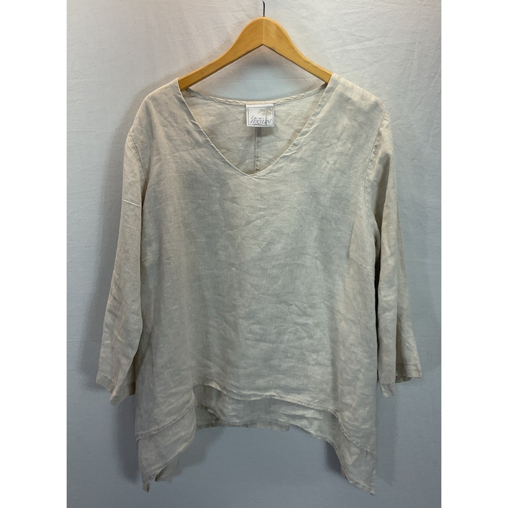 La Fixsun SM Linen Tunic Top 3/4 Sleeve Lagenlook Minimalist USA Tan Beige